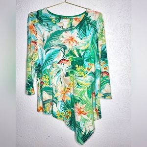 Chicos Asymmetrical Tropical Hibiscus Palm Tree Vacation 3/4 Sleeve Floral Top 3